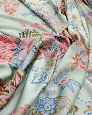 Printed Bubble Satin - Sage , Coral & Blue